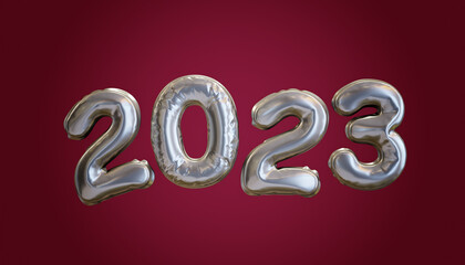 Silver Balloons Year Number 2023 on magenta background, Realistic 3D Rendering