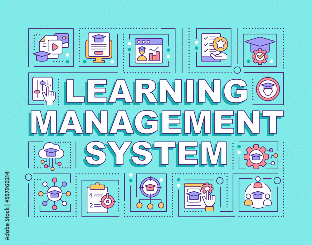 Poster learning management system word concepts turquoise banner. infographics with editable icons on color