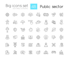 Public sector linear icons set. Services and enterprises. Government digital transformation. Administration. Customizable thin line symbols. Isolated vector outline illustrations. Editable stroke