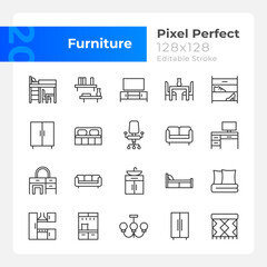 Furniture department pixel perfect linear icons set. Furnishing for living room, bedroom. Homeware for apartment. Customizable thin line symbols. Isolated vector outline illustrations. Editable stroke