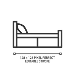 Single bed pixel perfect linear icon. Bedstead for solo sleeper. Bedroom furnishing. Contemporary home furniture store. Thin line illustration. Contour symbol. Vector outline drawing. Editable stroke
