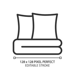 Bedding set pixel perfect linear icon. Sheets and pillows. Soft textiles. Bedspread. Contemporary home furniture store. Thin line illustration. Contour symbol. Vector outline drawing. Editable stroke