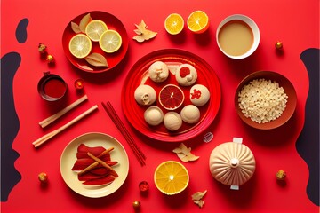 Obraz na płótnie Canvas Chinese new year festival table over red background. Traditional lunar new year food. . Generative AI