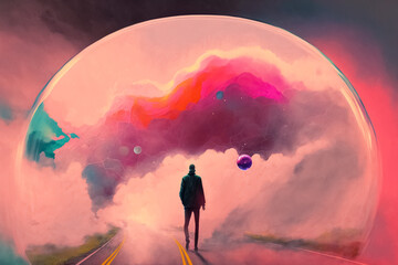 Person walking on a road, bubble and smoke in the background. Surrealist digital painting, generative ai-assisted illustration - obrazy, fototapety, plakaty