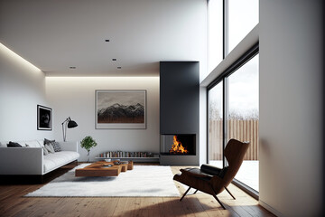 White walls, a wooden floor, a fireplace, and a wooden armchair with a tiny coffee table can be seen inside a contemporary living room. Generative AI