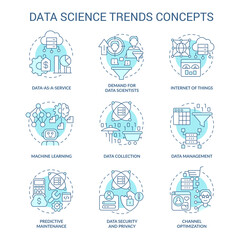 Data science trends turquoise concept icons set. Technology development analytics idea thin line color illustrations. Isolated symbols. Editable stroke. Roboto-Medium, Myriad Pro-Bold fonts used