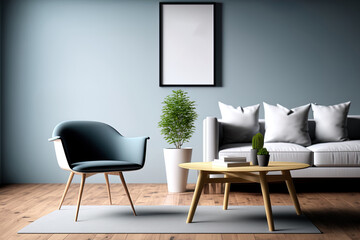 Living room interior design mockup with wooden table and chair. Generative AI