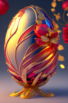 Elegant easter eggs with beautiful flowers. Illustration, generative AI, 