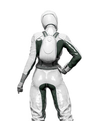 cosmonaut girl is doing a pin up pose rear view on white background