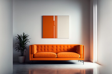 Orange sofa in a minimalist living room with a white background,. Generative AI
