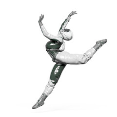 cosmonaut girl is jumping in a modern dance on white background