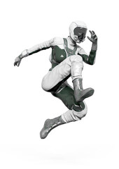 cosmonaut girl is jumping in action on white background