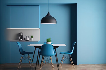 Illustration mock up of a blue minimalist kitchen with a table, chairs, and lamp on a wooden floor and a concrete wall. Generative AI
