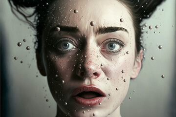 a close up of a woman with water droplets on her face, anxious. , with anxious piercing eyes