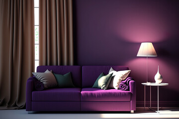 The living area has a purple wall with a light, a brown sofa, and a table. Generative AI