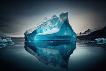 a large iceberg floating in the middle of a lake surrounded by mountains and icebergs in the distance.