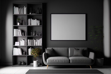 Interior of a dark room with a white empty poster, a cozy couch in gray, books, bookcases, and a coffee table. Concept for a relaxing area in minimalist Scandinavian style. a mockup. Generative AI
