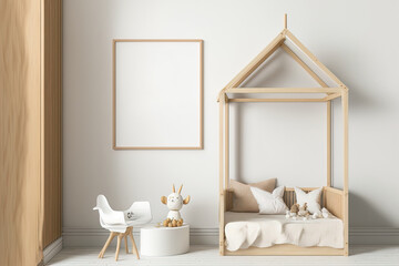 Children's room mock up with natural wood furnishings and a farmhouse style interior background. Generative AI