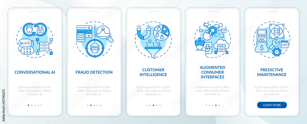 Poster ai and data science in business blue onboarding mobile app screen. walkthrough 5 steps editable grap