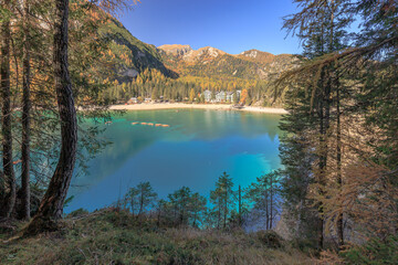 Lago di Braies lake in the Dolomites mountains