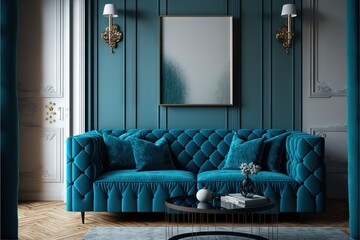 a living room with a blue couch and a table with a vase on it and a picture frame on the wall above the couch.