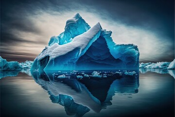 an iceberg floating in the water with a cloudy sky above it and a reflection of it in the water and icebergs in the water below the water.