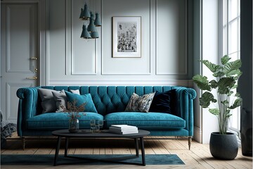 a living room with a blue couch and a table with a vase on it and a picture frame on the wall above the couch.