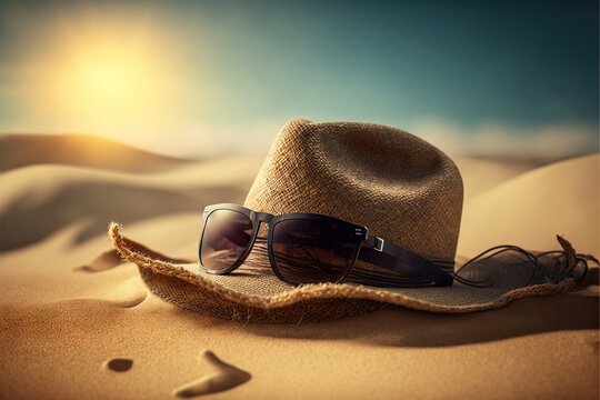 a hat and sun glasses on the sand