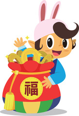 A character wearing a rabbit hat holding a lucky bag
