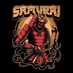 Japanese samurai warrior was holding a sword with a combination of red and gold vector illustration