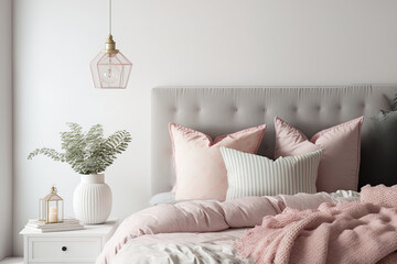 Light, adorable, and cozy home bedroom interior with an unmade bed, pink plaid, and cushions against a background of an empty white wall. Generative AI
