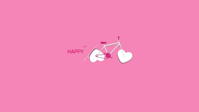 A white bicycle with spining wheels in the form of hearts rides on.Romantic Motion graphics loop Valentines day on a pink background in 4K Space for text.Romantic looped animation on for Valentines da
