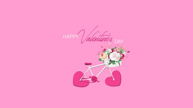 A white bicycle with spining wheels in the form of hearts rides on.Boquet of flowers Motion graphics loop Valentines day on a pink background in 4K Space for text.Romantic looped animation on for Vale