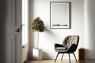 a mock up interior poster of a living room with a chair against a blank white wall. Generative AI