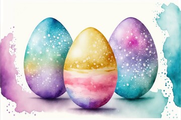 three painted eggs sitting in a row on a white background with a blue and pink spot in the middle of the egg is a pink.