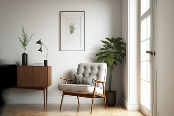 A contemporary mid century and minimalist living room with a leather armchair and table against a white wall and wood floor. Generative AI