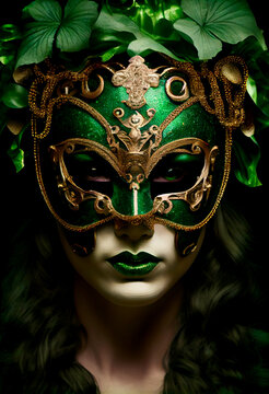 Generative AI abstract render of a St Patrick's Day themed Venetian carnival mask