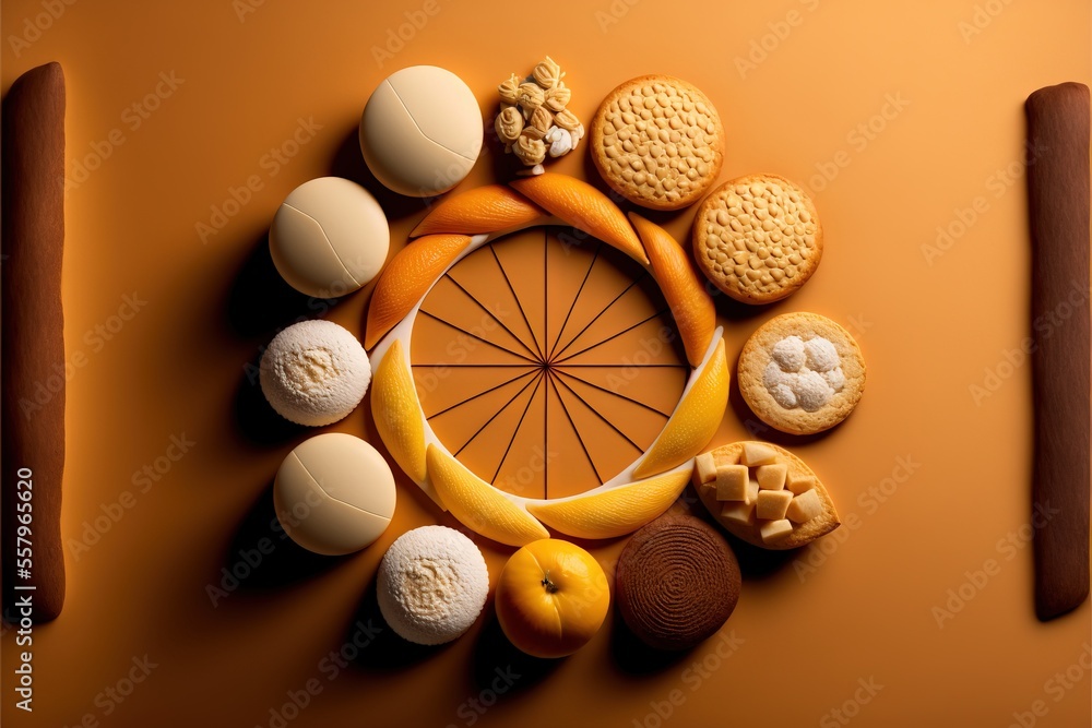 Poster a circular arrangement of different types of food on a orange background with a cinnamon stick and a