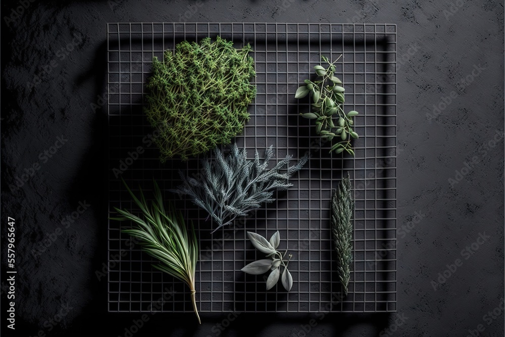 Aufkleber a group of different plants on a metal grid on a wall with a black background and a black background