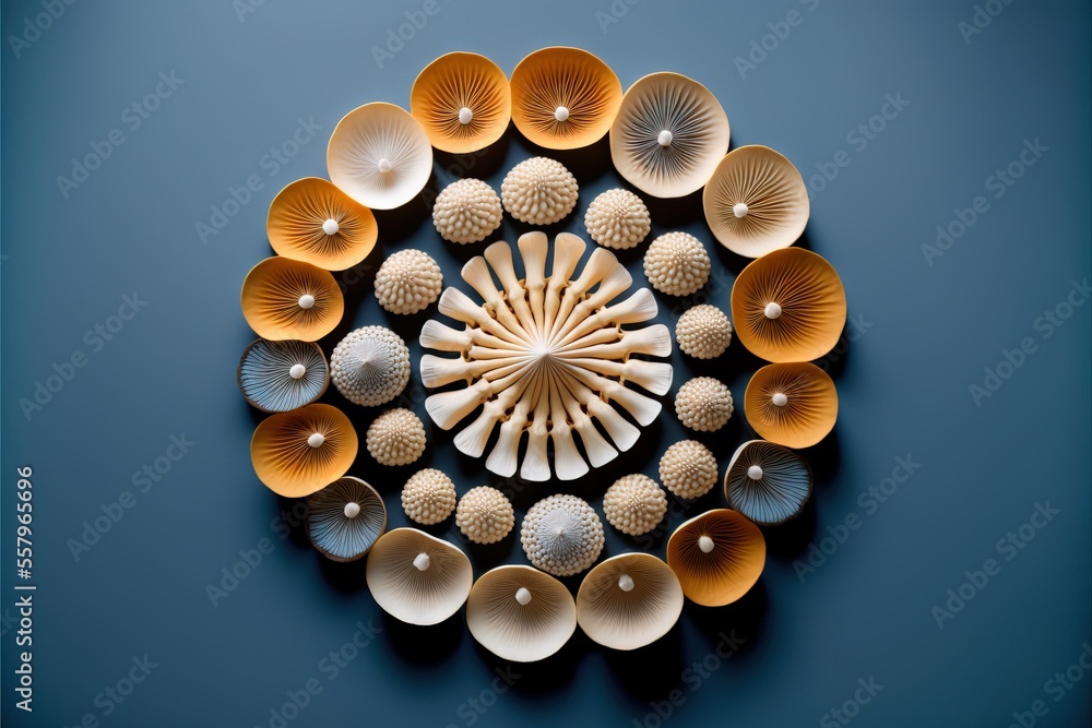 Poster a circular arrangement of shells arranged on a blue surface with a white center surrounded by smalle