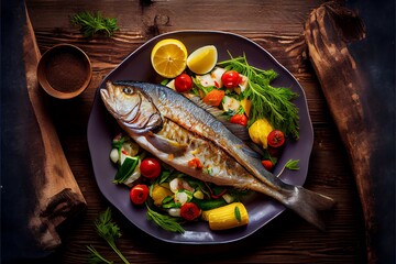 Fried fish with boiled potatoes and fresh vegetables on a wooden table. Generative AI.