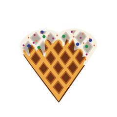 Belgian waffle in shape of heart with white chocolate. Isolated on white background. Dessert. Valentines day celebration lunch.