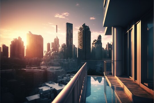  A View Of A City Skyline From A Balcony At Sunset Or Dawn With A Swimming Pool In The Foreground And A City Skyline In The Background With Skyscrapers In The Foreground,.