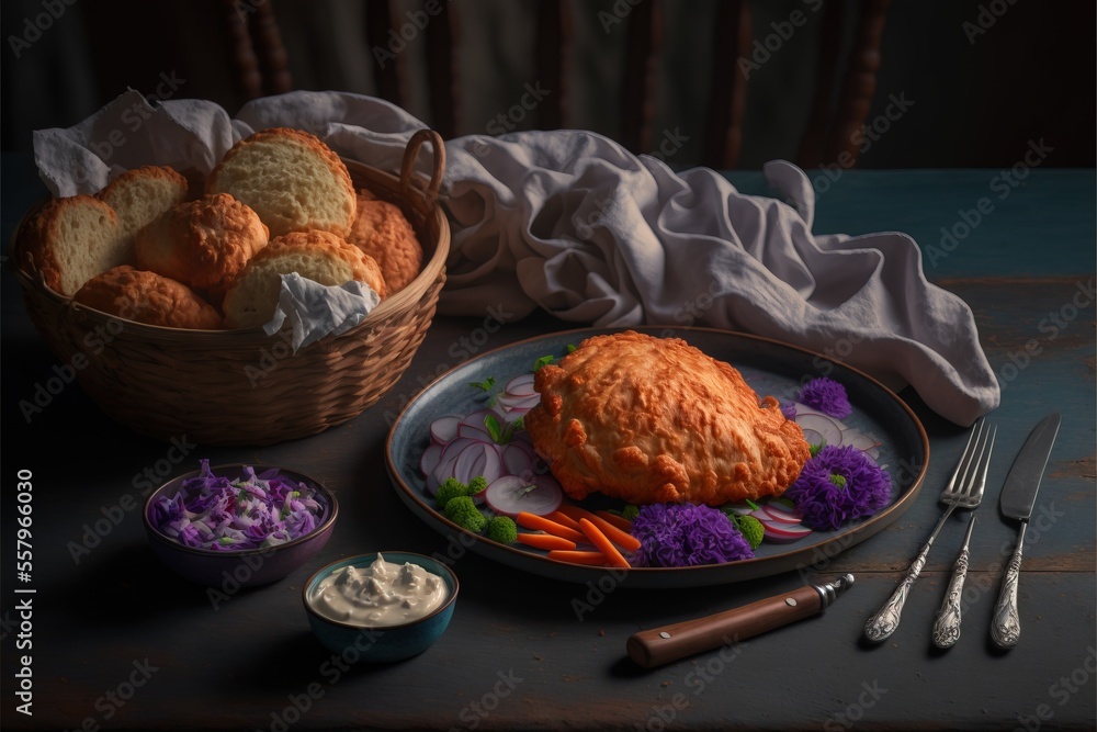 Poster a plate of food with a basket of bread and a bowl of purple cabbage and carrots next to it and a kni