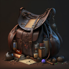 RPG Adventurer Backpack with Magical Items Illustration, Alchemy Bag with Ingredients, Fantasy Roleplaying Game, Generative AI