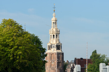 Fototapeta na wymiar Close Up Montelbaanstoren Tower At Amsterdam The Netherlands 7-9-2020