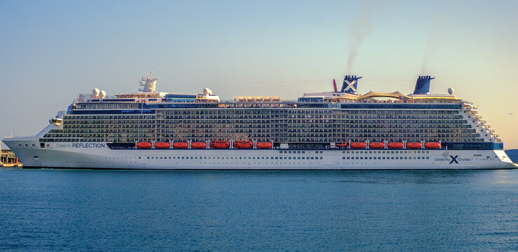 Malaga, Spain - June 25, 2018. Celebrity Reflection Cruise Ship Owned And Operated By Celebrity Cruises, Docked At The Port Of Malaga City, Costa Del Sol, Malaga Province, Andalucia, Spain