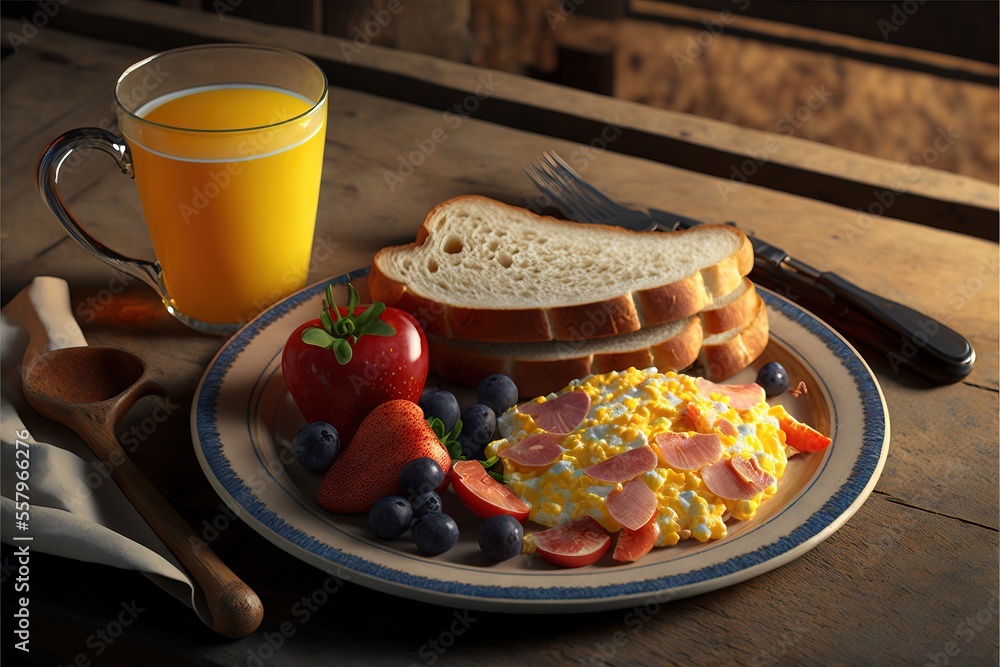 Aufkleber a plate of breakfast food with a glass of orange juice and a knife and fork on a table with a knife 