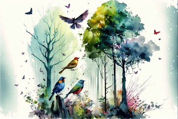 a watercolor painting of birds in a forest with trees and butterflies in the sky.