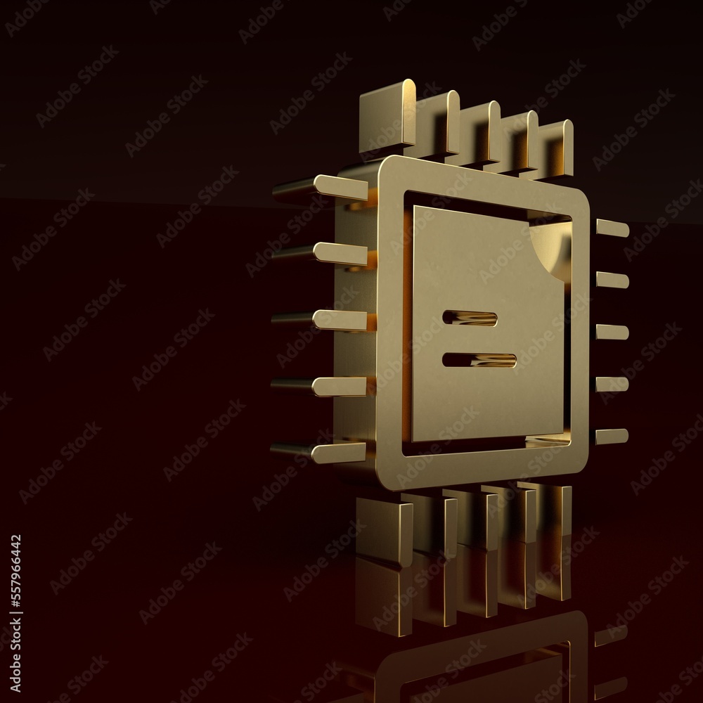 Poster gold computer processor with microcircuits cpu icon isolated on brown background. chip or cpu with c